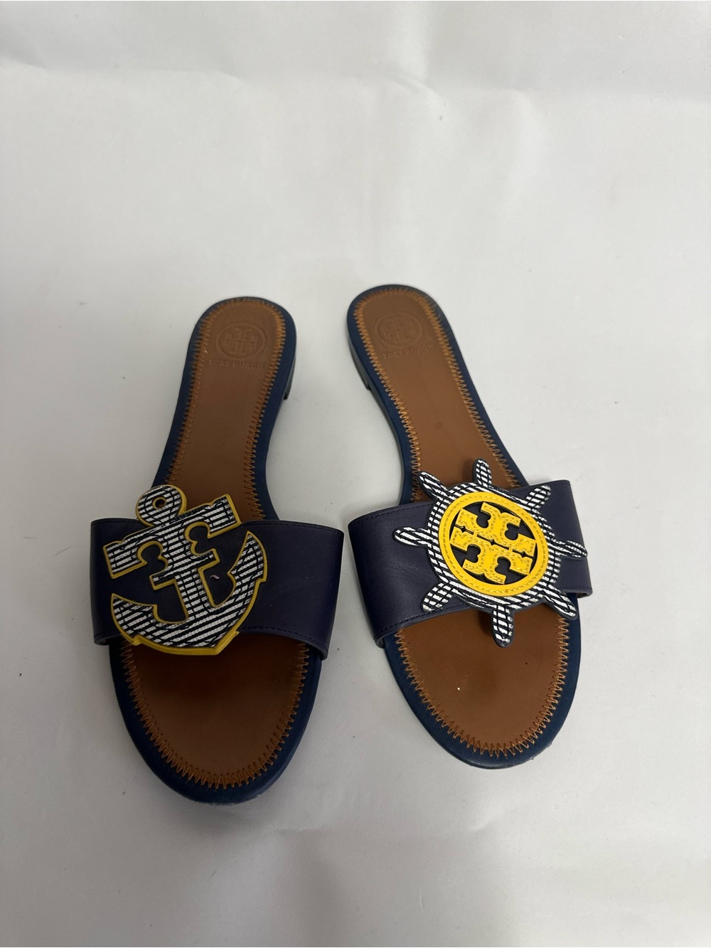 Tory Burch Navy & Tan Slide Sandals with Yellow Nautical Emblems